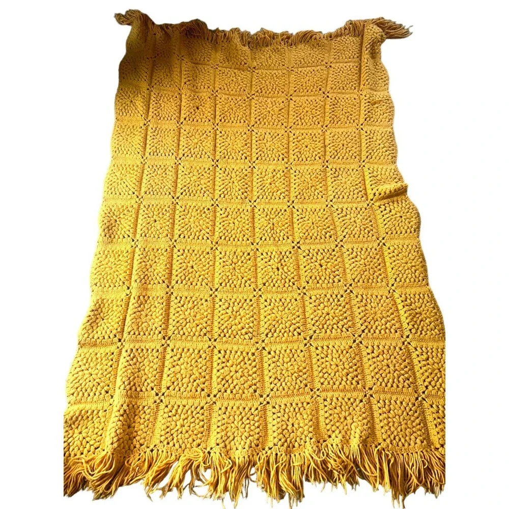 Handmade Yellow Crochet Afghan Blanket Vintage 70s Boho Cottagecore Throw Large